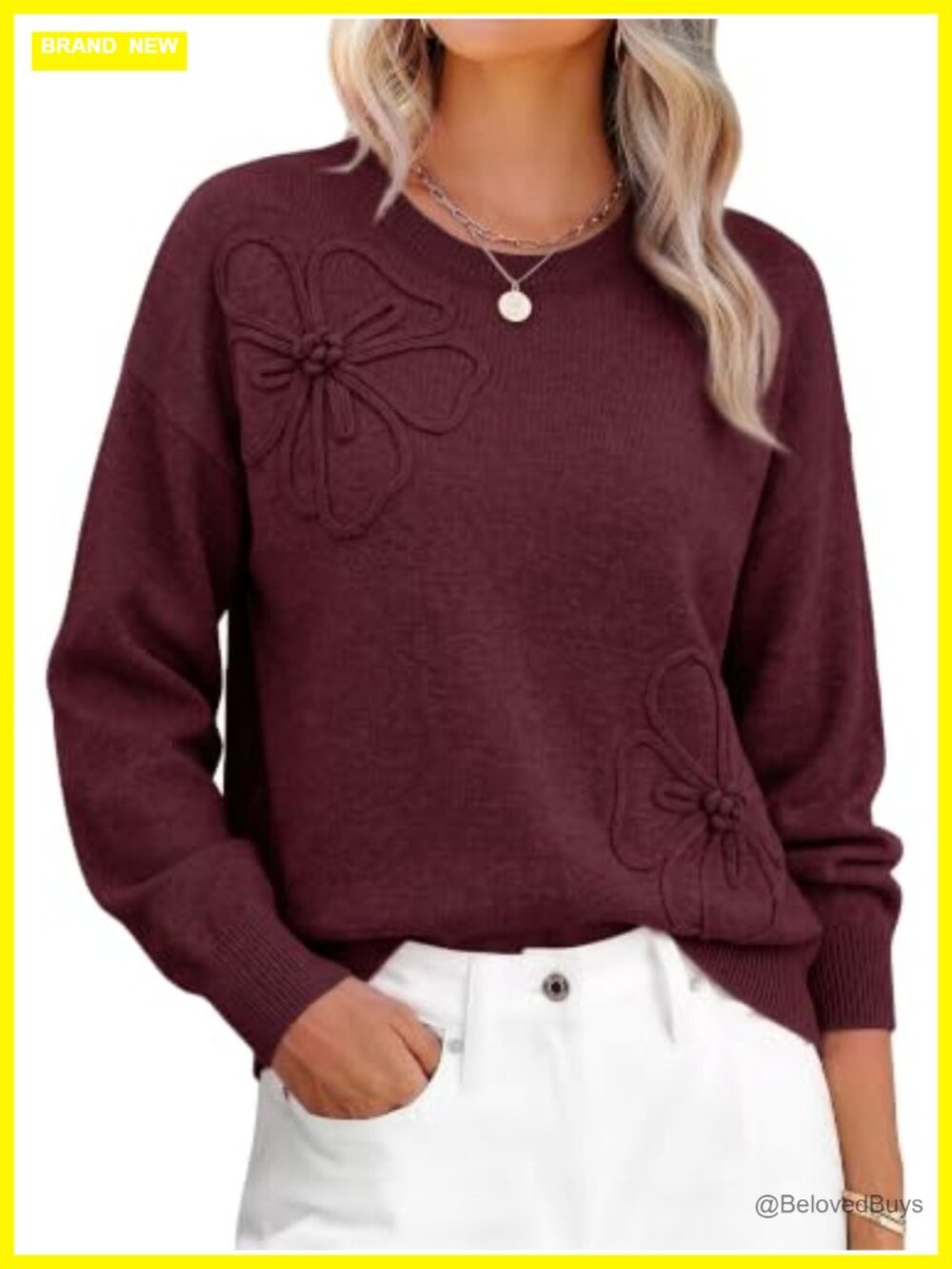 Womens Floral Knit Sweater 3D Flower Pullover Loose Fit Long Sleeve